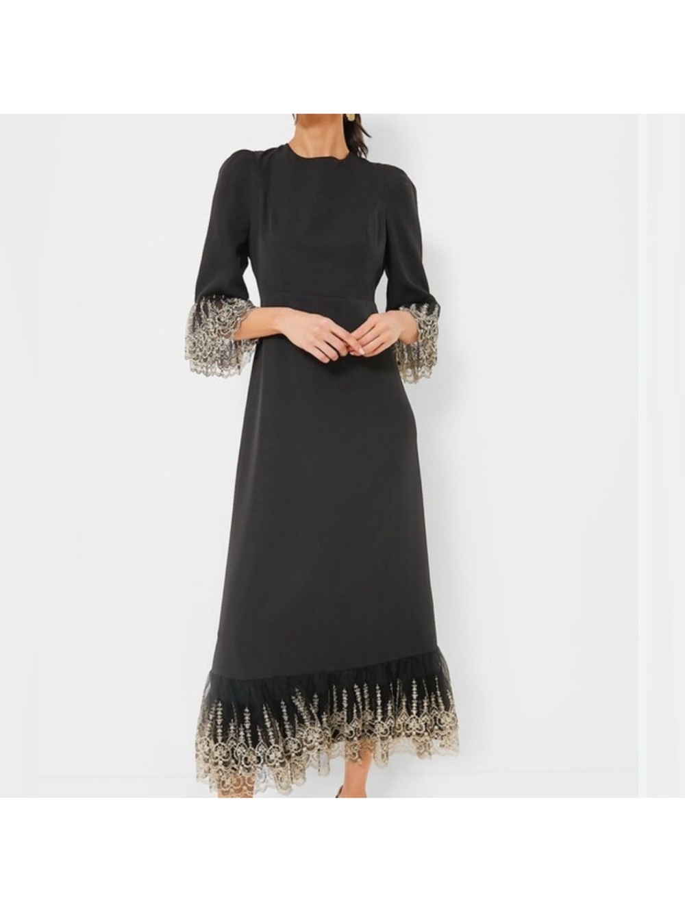 Tuckernuck Pomander Place Black Lillith Dress Gold Trim Maxi Lined Sz L NEW